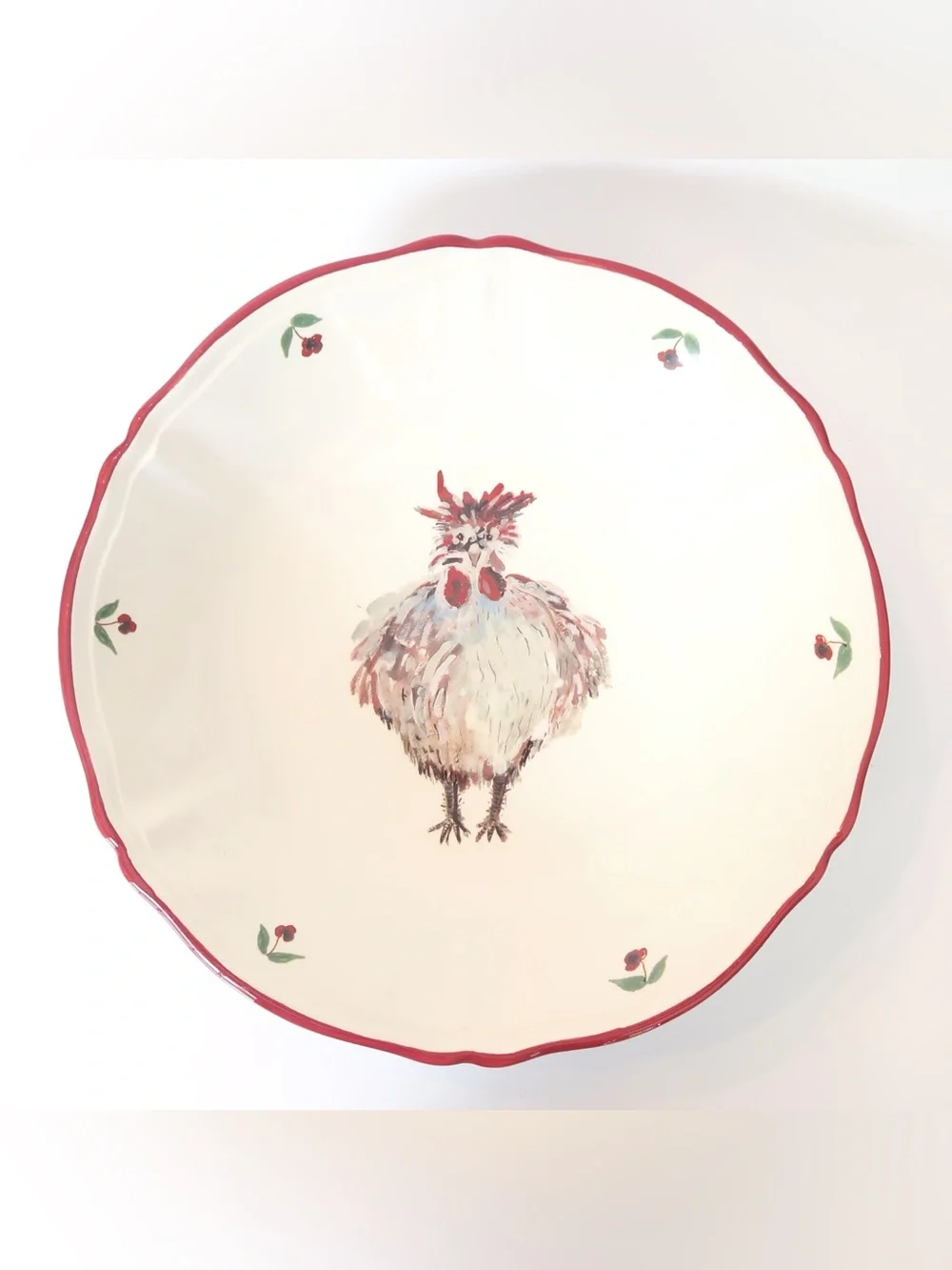 Jacques Pepin Sur La Table Rooster Chicken 13” Serving Bowl Italy Red Rim